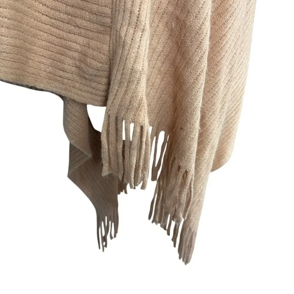 Chicos Ribbed Asymmetrical Fringe Cowl Neck Poncho Pullover Sweater sz O / S